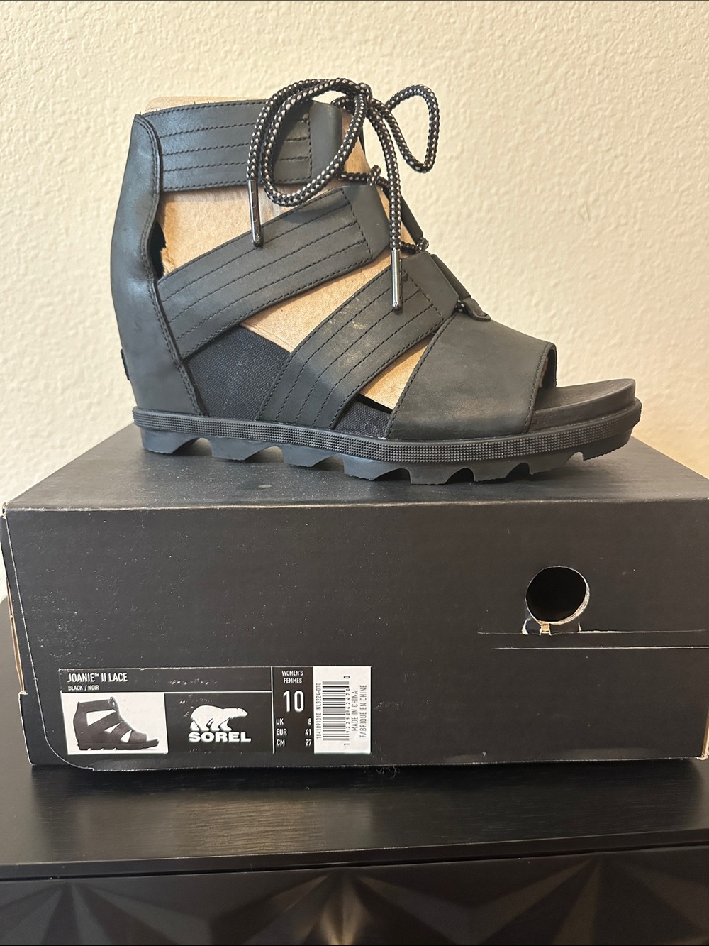 Sorel Black Joanie II Lace Wedge Sandal